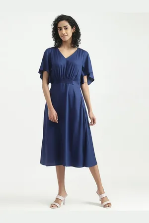 Benetton V-Neck Flutter Sleeves Fit & Flare Midi Dress