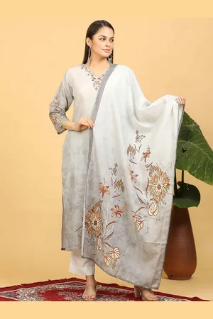 Goldstroms Women Floral Embroidered Regular Thread Work Linen Kurta with Trousers & With Dupatta