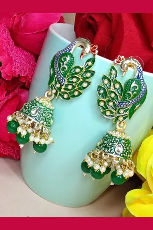 DIVASTRI Gold-Plated Artificial Beads Peacock Shaped Jhumkas Earrings