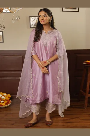 ASRUMO Women Embroidered Regular Chanderi Silk Kurta with Trousers & With Dupatta