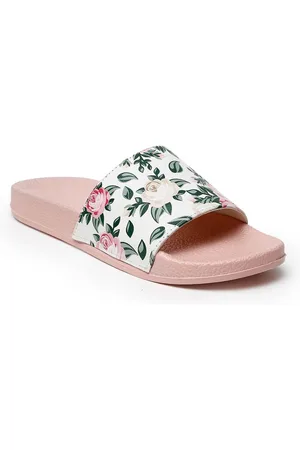 Misto Women White & Pink Printed Sliders