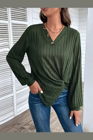 HERE&NOW Women Striped V-Neck Drop-Shoulder Sleeves Pockets T-shirt