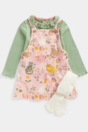 Mothercare Infant Girls Pack of 2 Graphic Printed Full Sleeves Cotton Dungaree Set