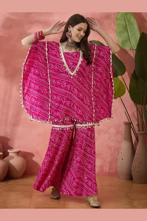 Sangria Bandhani Tube Top With Sharara And Kaftan