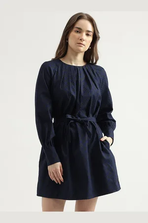 Benetton Checked Cuffed Sleeves Belted Cotton A-Line Mini Dress
