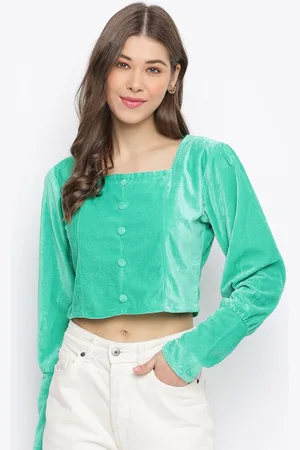 Mayra Women Sea Green Velvet Crop Top