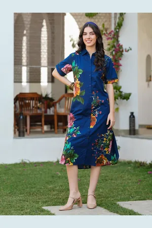 JISORA Women Blue Printed Cotton Dress