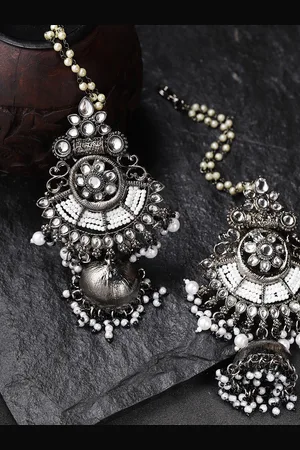 Priyaasi Oxidised Silver-Toned Rhodium-Plated Kundan Studded & Beaded Dome Shaped Jhumkas
