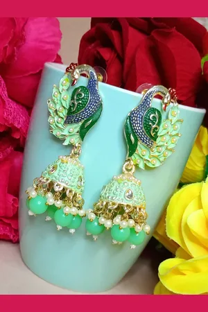 DIVASTRI Gold-Plated Artificial Beads Peacock Shaped Jhumkas Earrings