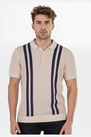 Celio Men Striped Polo Collar Raw Edge T-shirt