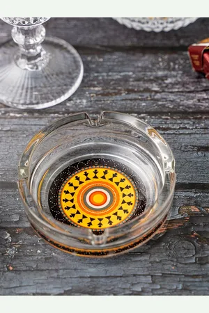 KOLOROBIA Transparent & Black Warli Art Glass Ashtray