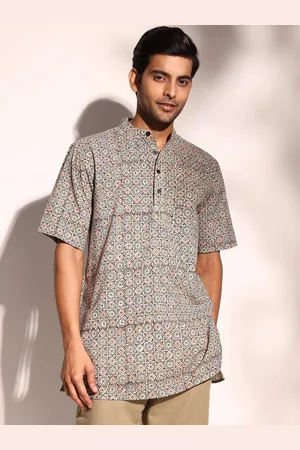 Fabindia Floral Printed Mandarin Collar Cotton Straight Short Kurta