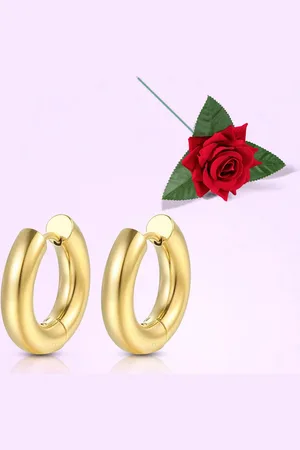Peora Stainless Steel Men Gold-Plated Circular Shaped Hoop Earrings With Red Rose