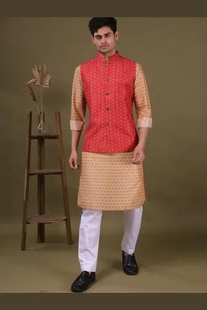 SHIWAM ETHNIX Ethnic Motifs Printed Cotton Silk Straight Kurta & Pyjama With Nehru Jacket
