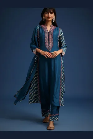 KALKI Fashion Floral Embroidered Thread Work A-Line Kurta With Palazzos And Dupatta