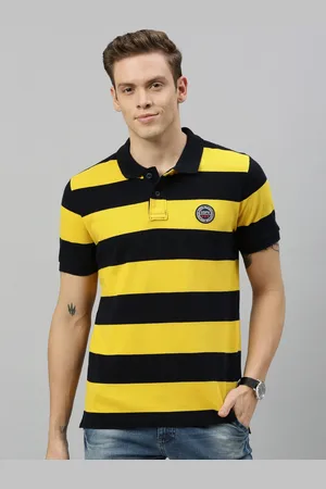U.S. Polo Assn. Men Navy Blue Yellow Striped Polo Collar Pure Cotton T-shirt
