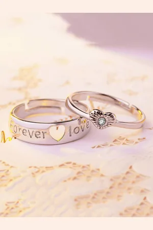 Krelin Unisex Set Of 2 Sliver-Plated Couple Heart Shaped Adjustable Finger Rings
