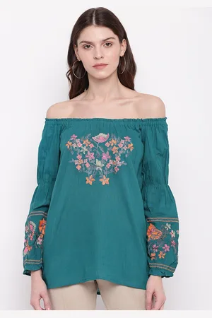 Mayra Teal Green Floral Embroidered Off-Shoulder Pure Cotton Bardot Top