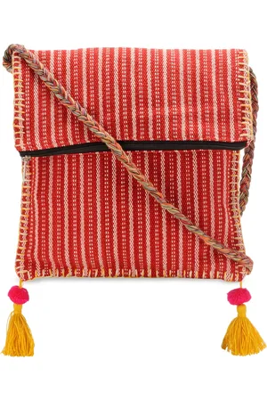 The House of Tara Red Striped Handloom Fabric Boho Ethnic Sling Bag with Tassels