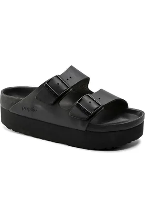 Birkenstock Arizona Platform Black Narrow Width Natural Leather Two-Strap Sandals