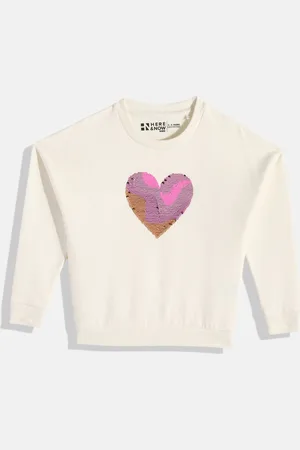 HERE&NOW Girls Reversible Heart Sequin Drop Shoulder Sleeves Pure Cotton Sweatshirt