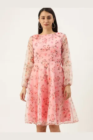 Ethnovog Floral Printed Boat Neck Fit & Flare Knee Length Dress