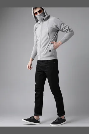 Roadster Men Grey Melange Solid Hooded Sweatshirt