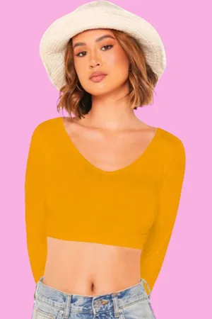 Dream Beauty Fashion Women Solid V-Neck Long Sleeves Crop Fitted Top
