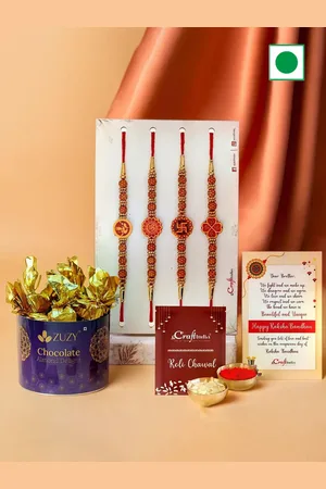 eCraftIndia Set Of 4 Ganesha Om Swastika Rudraksha Rakhis With Chocolates Rholi Chawal
