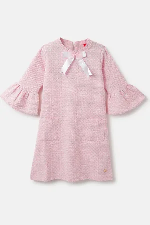 Blue Giraffe Girls Textured Round Neck 3/4th Sleeves A-Line Dress