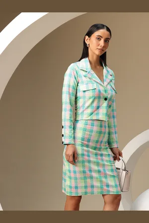 Chemistry Check Printed Faux Pocket Blazer with Skirt Co-Ord Set