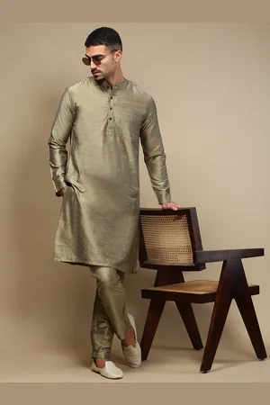 WHITE HEART Band Collar Straight Kurta With Pyjama