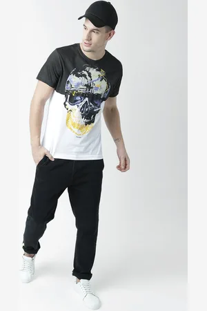 Huetrap Men White & Black Printed Round Neck T-shirt