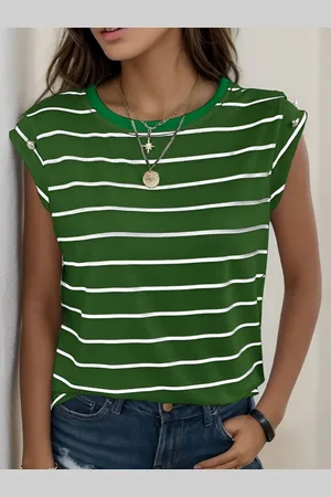 HERE&NOW Women Striped Henley Neck Pockets T-shirt