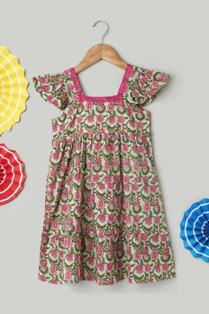 BownBee Floral Print Flutter Sleeve A-Line Midi Dress