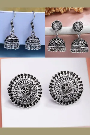 NVR Women Set of 3 Silver Plated Round Shape Oxidised Traditional Jhumka & Stud Earrings