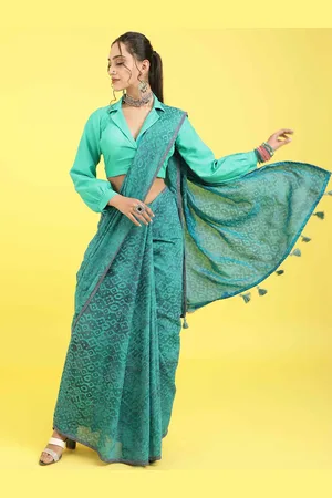 ELORA Batik Printed Embroidered Liva Saree