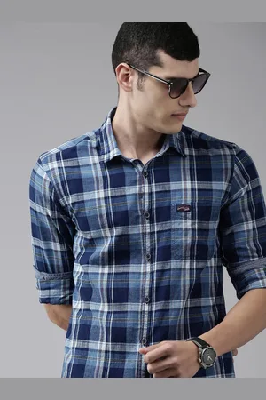 Ralph Lauren U S Polo Assn Denim Co Men Blue & White Slim Fit Tartan Checked Opaque Cotton Casual Shirt