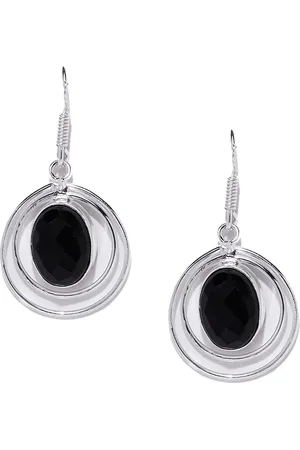 Bamboo Tree Jewels Silver-Toned & Black Circular Drop Earrings
