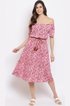 Mayra Pink Floral Off-Shoulder A-Line Midi Dress
