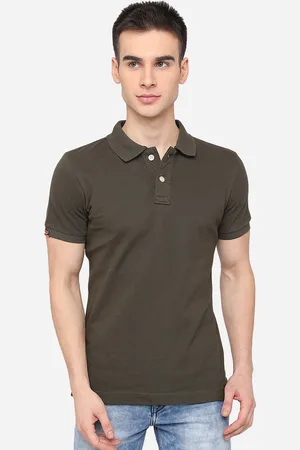 JADE BLUE Men Olive Green Solid Pure Cotton Polo Collar T-shirt