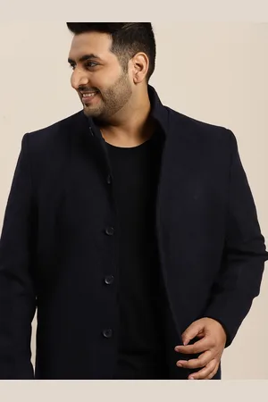 Sztori Plus Size Men Navy Blue Solid Longline Overcoat