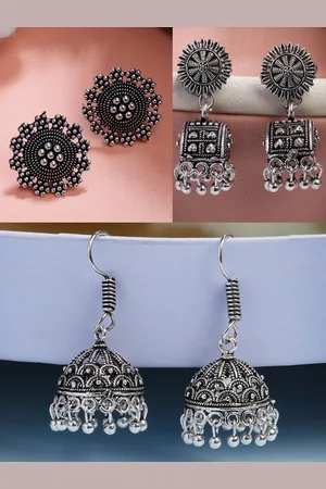 NVR Women Set of 3 Silver-Plated Oxidised Contemporary Jhumkas & Stud Earrings