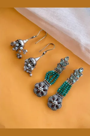 ATIBELLE Set Of 2 German Silver Plated Jhumkas & Drop Earrings