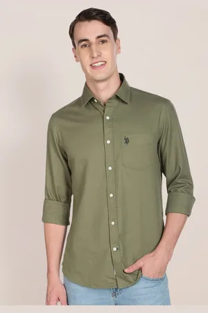 U.S. Polo Assn. U S Polo Assn Men Olive Green Solid Tailored Fit Pure Cotton Casual Shirt
