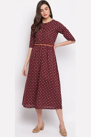 Mayra Burgundy Ethnic Motifs A-Line Midi Dress
