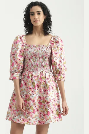 Benetton Floral Printed Puff Sleeves Smocked Fit & Flare Dress