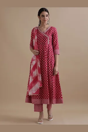 Jaipur Printed Angrakha Beads Work Pure Cotton Anarkali Kurta With Trouser & Dupatta