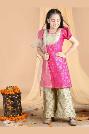 Cutiekins Girls Ethnic Motifs Gotta Patti A-Line Kurta With Palazzos & Dupatta