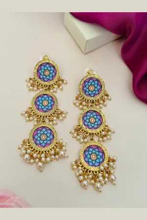 ABDESIGNS Gold-Plated Geometric Shaped Artificial Stones and Beads Drop Earrings
